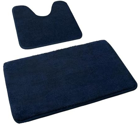 Rururug Weiches Badematten-Set 2-tlg. - Super saugfähige & rutschfeste Badezimmermatten mit TPR-Rückseite, maschinenwaschbar - 50x80cm + 50x50cm Teppich-Set für Dusch- & Toilettenboden (Marineblau)