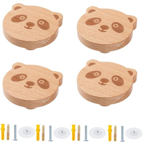 BOOLSFMAM 4 pomelli per mobili in legno, motivi animali, decorativi in legno, ganci adesivi, tirare, pomelli per mobili, maniglie per cassetti, ganci da parete per armadi, cameretta dei bambini