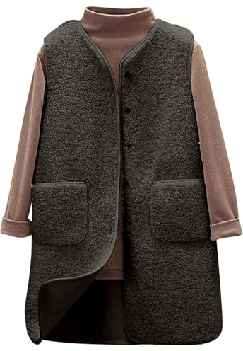 Yutdeng Long Teddy Fleece Gilet for Women UK Ladies Lightweight Body Warmers Sleeveless Jackets Button Down Vest Top Waistcoat Polar Fleece V Neck Jacket Winter Coats with Pockets