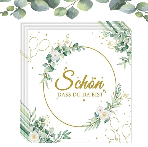 Gleemix 40 Stück Servietten Schön Dass Du Da Bist, Eukalyptus Servietten, 33 x 33 cm Servietten Hochzeit Eukalyptus, Tischdeko für Hochzeit Geburtstag Taufe Konfirmation Kommunion
