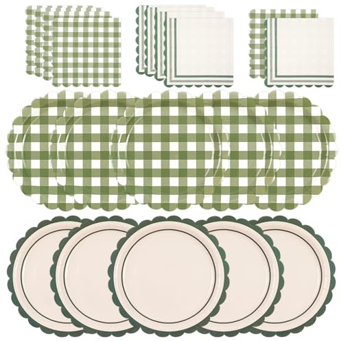48PCS Sage Green Gingham Paper Plates and Napkins Sets - Sage Green Scalloped Party Supplies Tableware, Disposable Dinner Plates Napkins Kit for Birthday Baby Shower Wedding Party Decorations