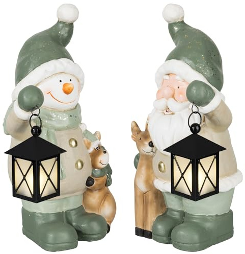 Weihnachtsdeko Figuren Groß 42cm Weihnachtsfiguren Beleuchtet Innen LED Figuren Weihnachten mit Timer Winterdeko Fensterbank Deko Figur mit Laterne Wohnzimmer Wichtel Elch Schneemann Santa Claus
