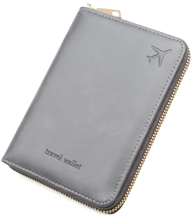 defway Passport Holder Travel Wallet - RFID Blocking Passport Holder Wallet, Full Zip Travel Card Cover with RFID Protection, Multi Slot Organizer for Cards Cash Documents Travel Essentials (Grey)