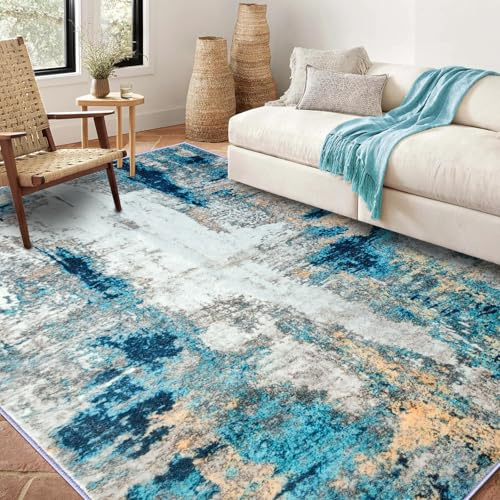 Tapis Design Tapis Moderne Abstrait pour Salon et Chambre - Lavable en Machine & Anti-Peluche - Décoration d'Intérieur Bleu Sarcelle et Beige, 160 x 230 cm
