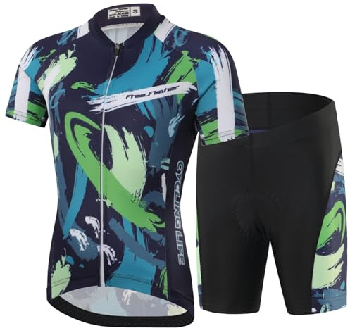 SXSHUN Enfant Garçon Maillots de Cyclisme Fille Séchage Rapide Maillots à Manches Courtes&Shorts de vélo avec Coussin d'Assise 3D Respirant Vêtements de Sport de Cyclisme