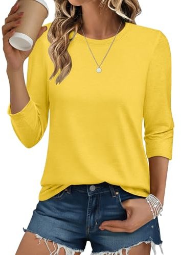 Cuptacc Camiseta Mujer Manga 3/4 Color Sólido Mode Blusas Mujer Primavera Ajuste Holgado Casual Ligero Suaves Cuello Redondo Camisa Amarillo XL