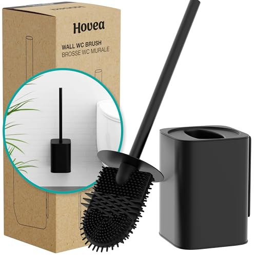 Hovea - Kit Brosse WC Suspendu - Brosse Silicone Plate & Boitier Métal - Coloris Noir Mat - sans Perçage - Fixation Murale avec Sticker ou Vis - Balai Brosse Toilettes Décoration - WC3010
