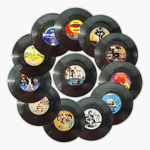 Funny Retro Vinyl Record Coasters, Creative Drink Coaster Set of 12 for Music Lovers, Housewarming Hostess Gifts, Birthday and White Elephant Gifts Ideas (12PC V03BM)