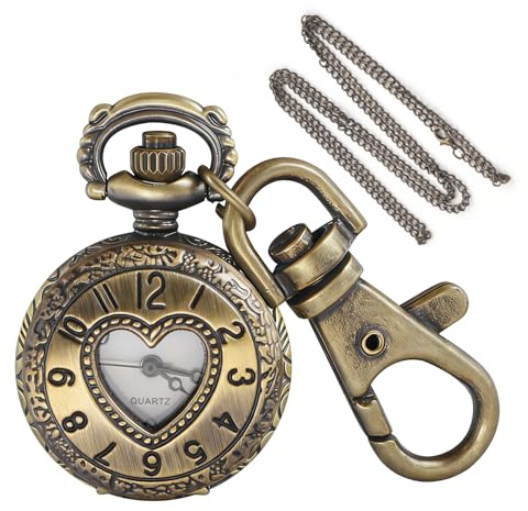 Tiong Brown Hollowed Out Heart-Shaped Men's Quartz Pocket Watch with Keychain & Chain - Unisex Dual-Use Design for Daily Carry