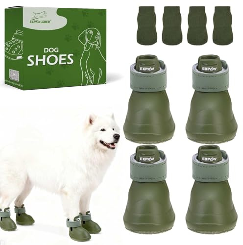 EXPAWLORER Dog Shoes for Hot Pavement Small Medium Large Dogs, Waterproof Non-Slip Dog Summer Booties with Socks, Easy On & Off Pet Boots & Paw Protectors, Easy-Clean for Beach Outdoor Rain (Green L)