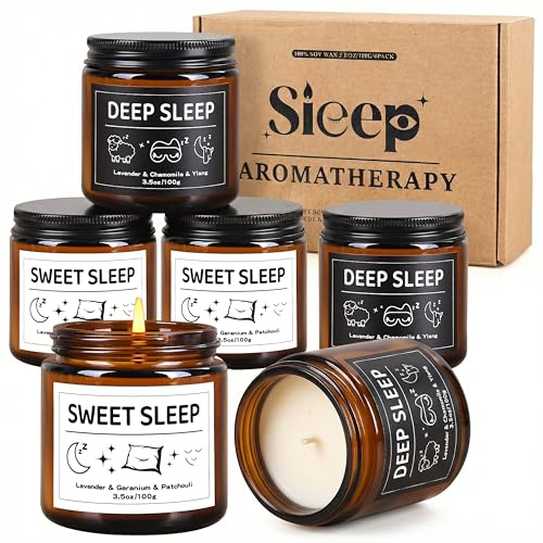 Bougies pour le sommeil en cadeau pour femme, lot de 6 bougies parfumées d'aromathérapie pour l'anxiété, lavande favorisant le sommeil, camomille soulageant le stress, cire de soja naturelle pour la