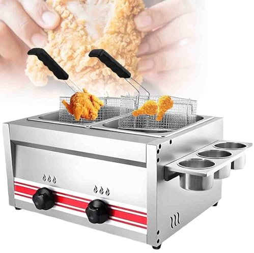 GLBMXDD Friteuse à gaz Professionnelle pour intérieur et extérieur, en Acier Inoxydable, à Poser sur Un comptoir, Puissance réglable, avec paniers et couvercles, idéale pour la friture de Poulet 20L