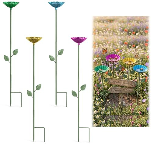 SLIAXINT 4 stycken bikuber för trädgården, insektssprickar av rostfritt stål i blomform, 63 cm trädgårdsplugg blomma, fjärilstränder, väderbeständig trädgårdsdekoration för bädd, gräsmatta, växtkruka