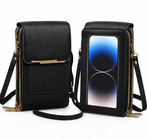 DVDVBOOM Touchscreen Phone Crossbody Bag for Women RFID Blocking Phone Purse with Clear Window PU Leather Anti Theft Shoulder Bag