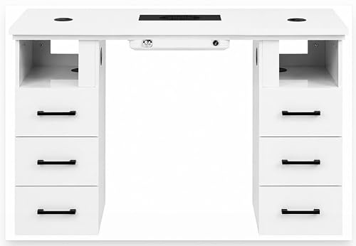 Nageltisch, Kosmetiktisch mit eingebauter Kassetten-Staubabsaugung, Weiß, Hochglanz, Modern, 6 Schubladen