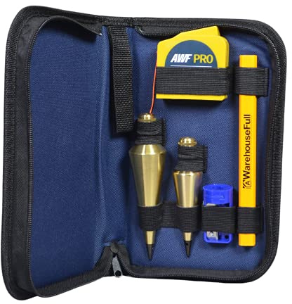 AWF PRO Plumb Bob Kit - Perfect for Construction Jobs and DIY. 16 oz and 8 oz Solid Brass Plumb Bobs, Retractable Line Reel with Magnetic Base, 2 Pencils, Pencil Sharpener, Carrying Case