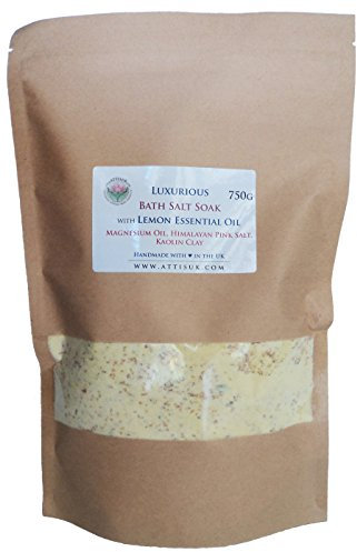 ATTIS - Lussuoso sale da bagno in ammollo con olio essenziale di limone, olio di magnesio, argilla caolino, vegano, fatto a mano, rilassante, rinfrescante, rigenerante, (750 g)