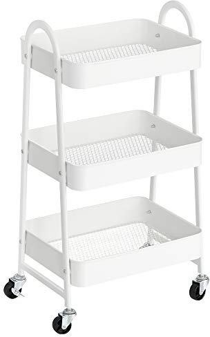 SONGMICS Rollwagen mit 3 Ebenen, Servierwagen aus Metall, Küchenwagen, Küchenregal mit Griffen, 2 Bremsen, einfacher Aufbau, für Malutensilien, Schlafzimmer, Waschküche, weiß BSC068W01