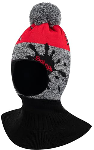 AJS Jungen Wintermütze Schalmütze Schlauchmütze Strickmütze Streifen, Farbe: Rot-Grau
