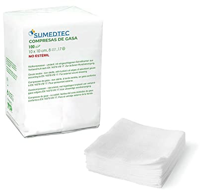 SUMEDTEC – Pack de 100 Unidades de Compresas de gasa, 8 capas de 10 cm por 10 cm, no esterilizadas.