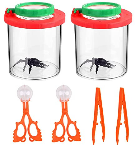 Gobesty 2 Stück Becherlupe Set, becherlupen lupenglas für Kinder, becherlupen Mit Plastik Pinzette Lupendose Lupenbecher, Vergrößerung Insektenbox für Insekten Kinder forschen Wissenschaft/Biologie