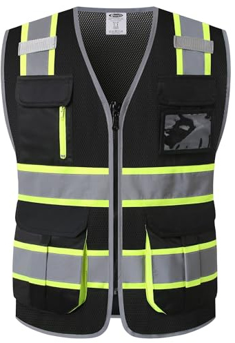 JKSafety 9 Pockets Hi-Vis Mesh Safety Vest for men and women | Chaleco reflectante de seguridad | Zipper Front | Multiple Pockets | Class 1 (140-Black XL)