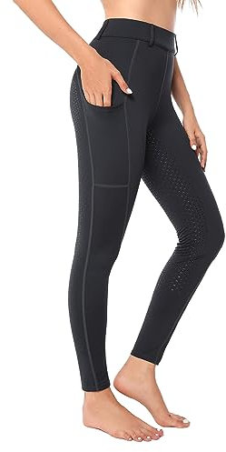 Havideto Reitleggings Damen Vollbesatz mit Handytasche, High Waist Reithose Damen Mädchen Stretch mit Gürtelschlaufen Grau L