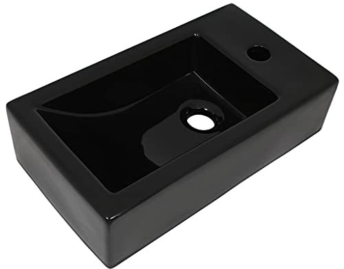 Waschbecken mit Hahnloch, Rechteckig Waschtisch Aufsatzwaschbecken Waschplatz Handwaschbecken Aufsatzwaschtisch Keramikspülen, Schwarz 46x25,5x12 cm