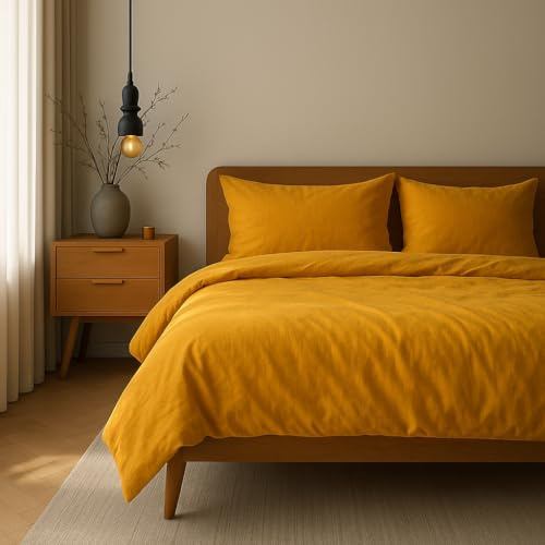 VEL VET HOME Bettwäsche 155x220 Baumwolle Bettbezug 155x220 cm mit Kissenbezug 80x80 cm Hohe Qualität Bettwäsche-Set mit Reißverschluss 100% Baumwolle Made in EU Senf Farbe 155 x 220
