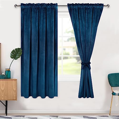 Hiasan Samtvorhänge, 160 cm, Verdunkelungsstabentasche, wärmeisoliert, weiche Vorhänge, Raumverdunkelung, Fenstervorhänge mit Raffhaltern, für Schlafzimmer, Wohnzimmer, 52 Wx63 L, Marineblau | Stangentasche, wärmeisoliert, weiche Vorhänge, Raumverdunkelung, Fenstervorhänge mit Raffhaltern, Schlafzimmer, Wohnzimmer