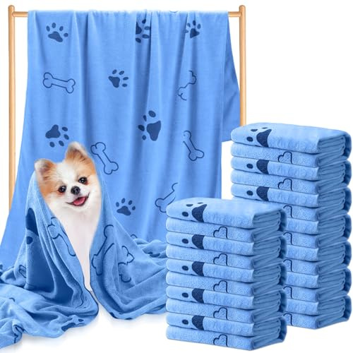 Tatuo 12 Pcs Dog Grooming Towels 28 x 55 Inch Microfiber Drying Pet Bath Towels Dog Absorbent Towel Quick Drying Puppy Bathing Supplies for Small Medium Large Puppy Cat(Blue,Paw, Bone)