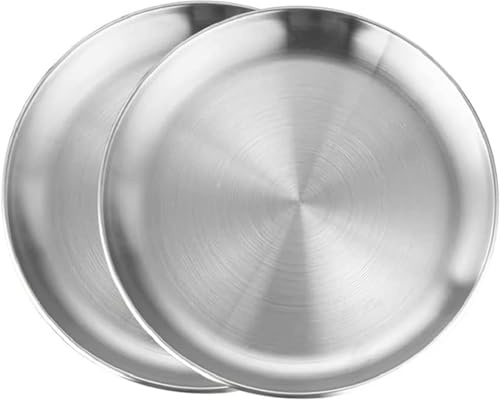 VollfitYYu 2er Edelstahlteller Rund Serviertablett Silber Platzteller Essteller Salattablett Platzteller Servierplatte Grillteller für Outdoor Party Picknick Camping Hochzeit (26cm)