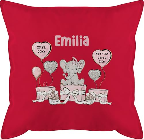 Kissen 50x50 - Baby Geschenk zur Geburt Mädchen Elefant personalisiert Name Geburtsdaten I Taufe - 50 x 50 cm - Rot - personalisiertes neugeborenen geburtskissen Geburtsgeschenk Elefanten