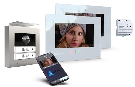 m-e iP Video-Türsprechanlage RFID Silber/weiß | Aluminium Außenstation für 2-Familienhaus | 7“ Innenstation | Türklingel mit Kamera | Freisprechanlage Video Sprechanlage Zweifamilienhaus 4-Draht