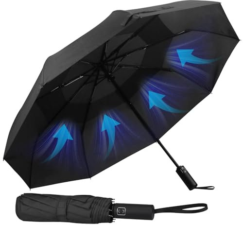 Hannstar Faltbarer Reise-Regenschirm, winddicht, stark, einfaches automatisches Öffnen, leicht, langlebig und kompakt, windabweisend, kleiner Rucksack für Damen und Herren, Schwarz , Small