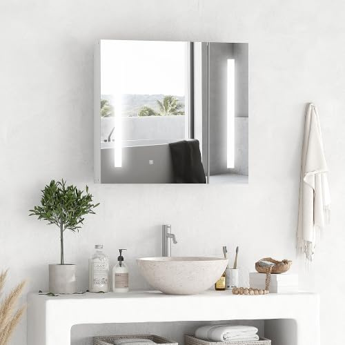 kleankin Armoire de Toilette Miroir Lumineux LED 70 x 15 x 65 cm Blanc | Meuble Salle de Bain, 2 Portes, 3 Niveaux