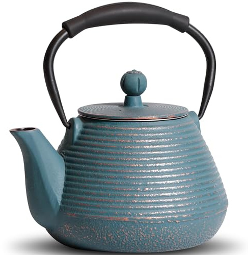 GUANGHEIRON Teekanne Gusseisen 950ml – emailliert mit Sieb Blau | Japanische Teekanne mit Teesieb, emaillierte Innenseite, Silikongriff, Geeignet für Herd, ideal für Tee Geschenk