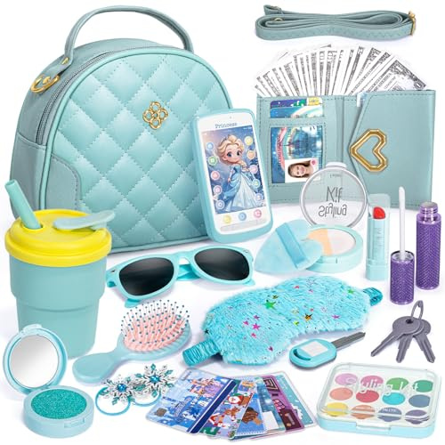 Hohosunlar Play Purse for Little Girl, Princess Toy Handbag with Accessories, Pretend Play Makeup, Kids Phone, Toddler Wallet, Water Bottle, Eye Mask, Birthday Present for Girls 3 4 5 6 7 8 Year Old