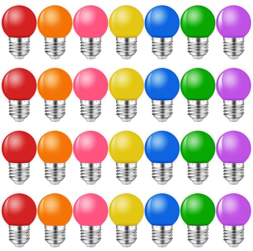 MZYOYO 28er Pack Bunte Glühbirnen E27 LED Birne 2W,Farbige Glühbirne E27 Außen,G45 LED Bunt für Lichterkette Party Weihnachten Deko,Rot Grün Blau Orange Gelb Rosa Violett,Kunststoff