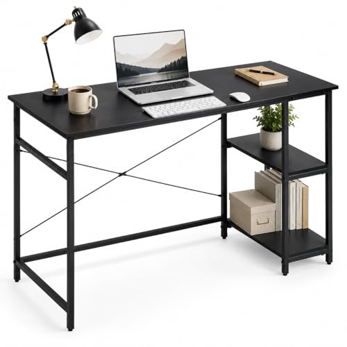 Mevsim Store Schreibtisch mit 2 Ablagen Links oder rechts montierbar - Computertisch 120 x 60 x 75 cm - PC Tisch schwarz mit Metallgestell - Bürotisch Home Office Arbeitstisch für Büro & Wohnzimmer