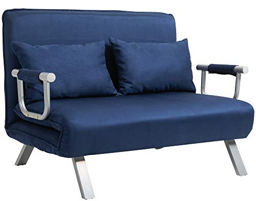 HOMCOM Schlafsofa Schlafcouch mit Verstellbarer Rückenlehne, Wurfkissen, Sofa mit Schlaffunktion, Samtoptik, Armlehne, Gästebett, Klappsessel für Wohnzimmer, Schlafzimmer, Blau