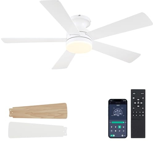 BYKISTOK White Ceiling Fans with Lights - 46 Flush Mount Low Profile Ceiling Fan Light with 5 Double-Sided Blades, 6 Speeds 3CCT Reversible Motor, Modern Ceiling Fan for Indoor/Outdoor Patios