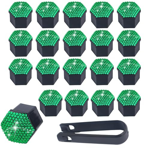 SYSUII 17mm Auto Radschraubenkappen, 20 Stück Radmutternkappen Mit Entfernung Werkzeug Sechskant-Reifen Bling Diamant Muttern-abdeckungen Radbolzen Kappen Rad Mutter Cap Radbolzen Schutz Cover-Grün
