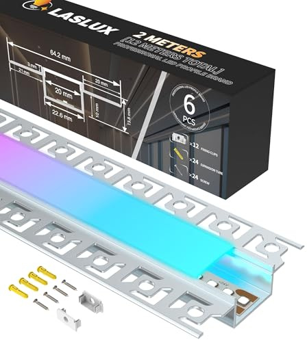 LASLUX LED Aluminium Profil 6 x 2m(12m) Aluminium Trockenbauprofil für LED Streifen bis 20 mm Breite mit milchweißer PC-Abdeckung und Zubehörset(SP44)