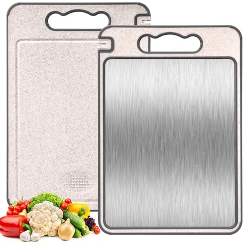 Tatxmalv Schneidebrett, Doppelseitiges Schneidebrett 304 Edelstahl+Weizenstroh, Antibakteriell Schneidebrett für Küche mit Griff, Kratzfestes Netzdesign, BPA-Free, Spülmaschinenfestem (Klassiker)