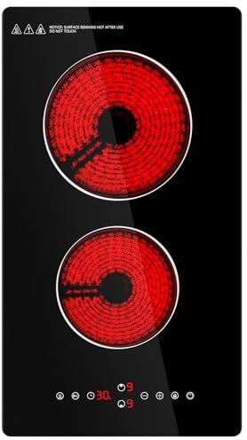 Placa Vitrocerámica 2 Fuegos, 3000W Vitroceramica con Controles táctiles y 9 Niveles de Potencia, Sistema Keep warm, Control Seguridad niños