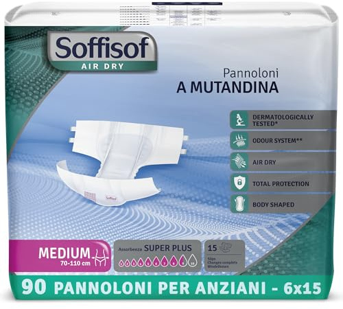 Soffisof Air Dry Windeln für Erwachsene Super Plus M - 90x Inkontinenz Slip - 6 Packungen mit 15 Windelhosen, 8.5 Tropfen - Inkontinenzwindeln