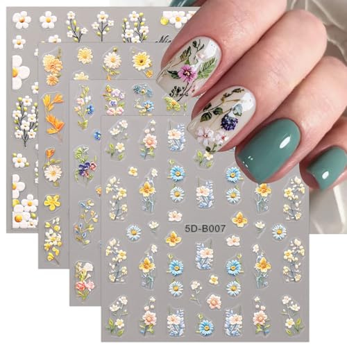 JMEOWIO 3D Nagelsticker Blumen Nail Art Sticker Selbstklebend Nagelaufkleber 5D Stereoskopisch Frühling Sommer Blumen Dekoration Nageldesign Zubehör 4 Blatt