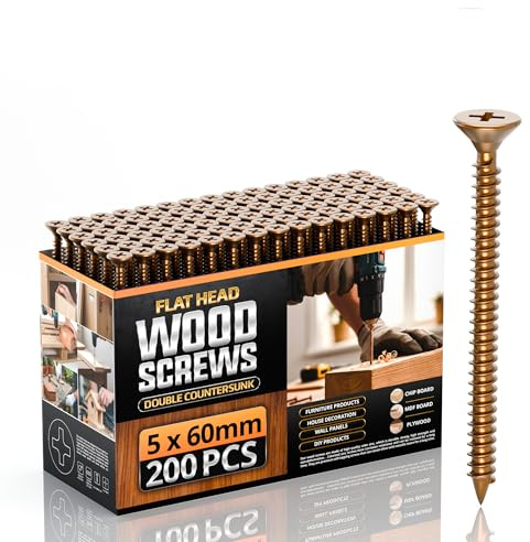 Vis à bois multi-usages, 5mm x 60mm, 200 pièces, kit de vis à bois à filetage simple galvanisées au zinc, vis autotaraudeuses passivées jaunes pour terrasse (5mm x 60mm)
