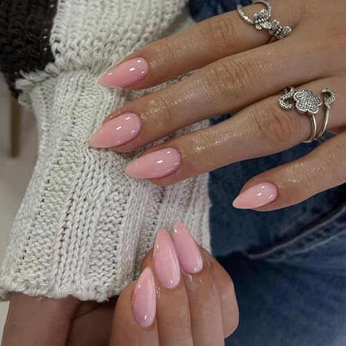 KQueenest 30 Stück Baby Rosa Press On Nails Kurz Mandel - Acryl Nägel zum Aufkleben, Natürlich Einfarbig Fake Nails Fingernägel zum aufkleben, Glänzende Gel Full Cover Kunstnägel für Frauen